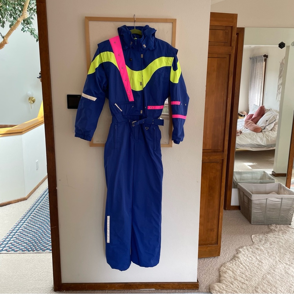 Vintage Obermeyer Sport Blue, Neon Yellow, and Pink One-Piece Snowsuit